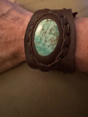 Handmade Brown Leather Cuff Bracelet with Turquoise Stone - Women’s Accessories